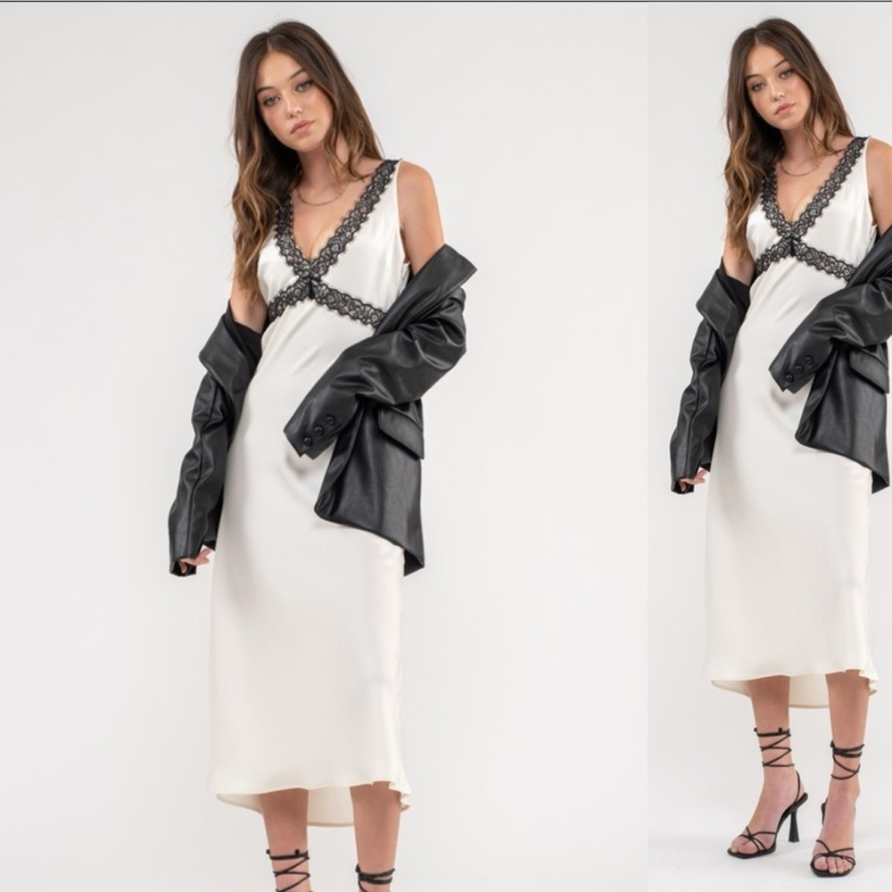 Cream Satin Midi Dress w/ Lace Trim